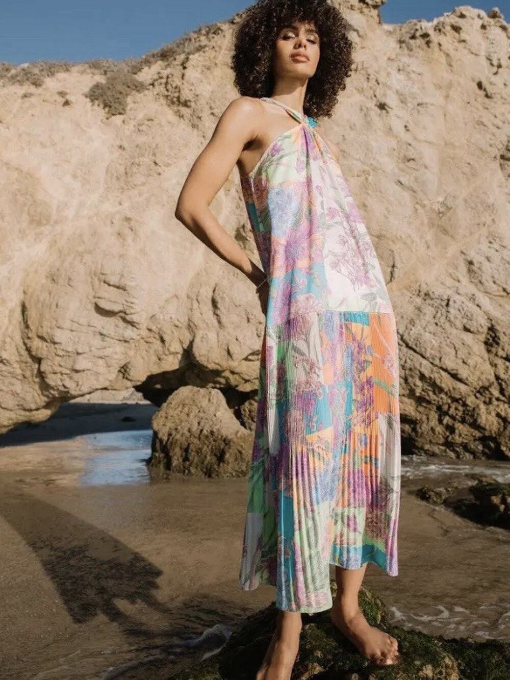 Current Air Botanical Color Block Pleated Midi Dress Cottagecore Multicolor L